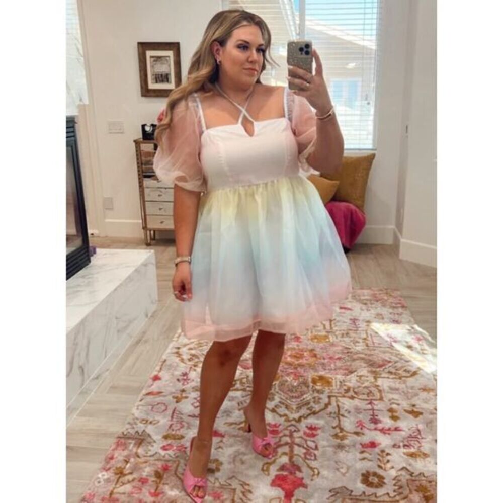 Eloquii pastel ombre sheer puff sleeve cross strap halter tie dress,‎ size 14